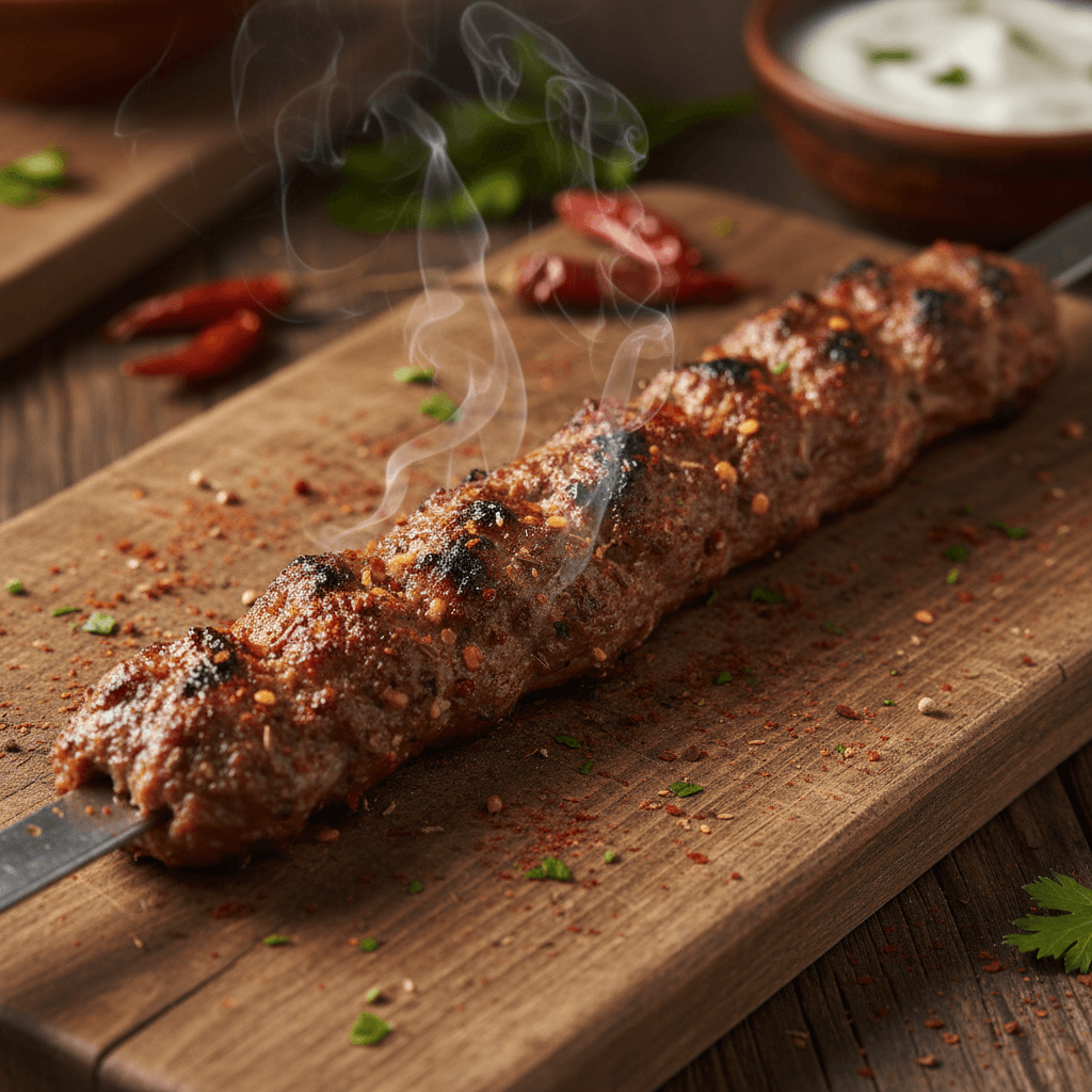 Adana kebab z mielonego mięsa wołowego z przyprawami na talerzu z ryżem