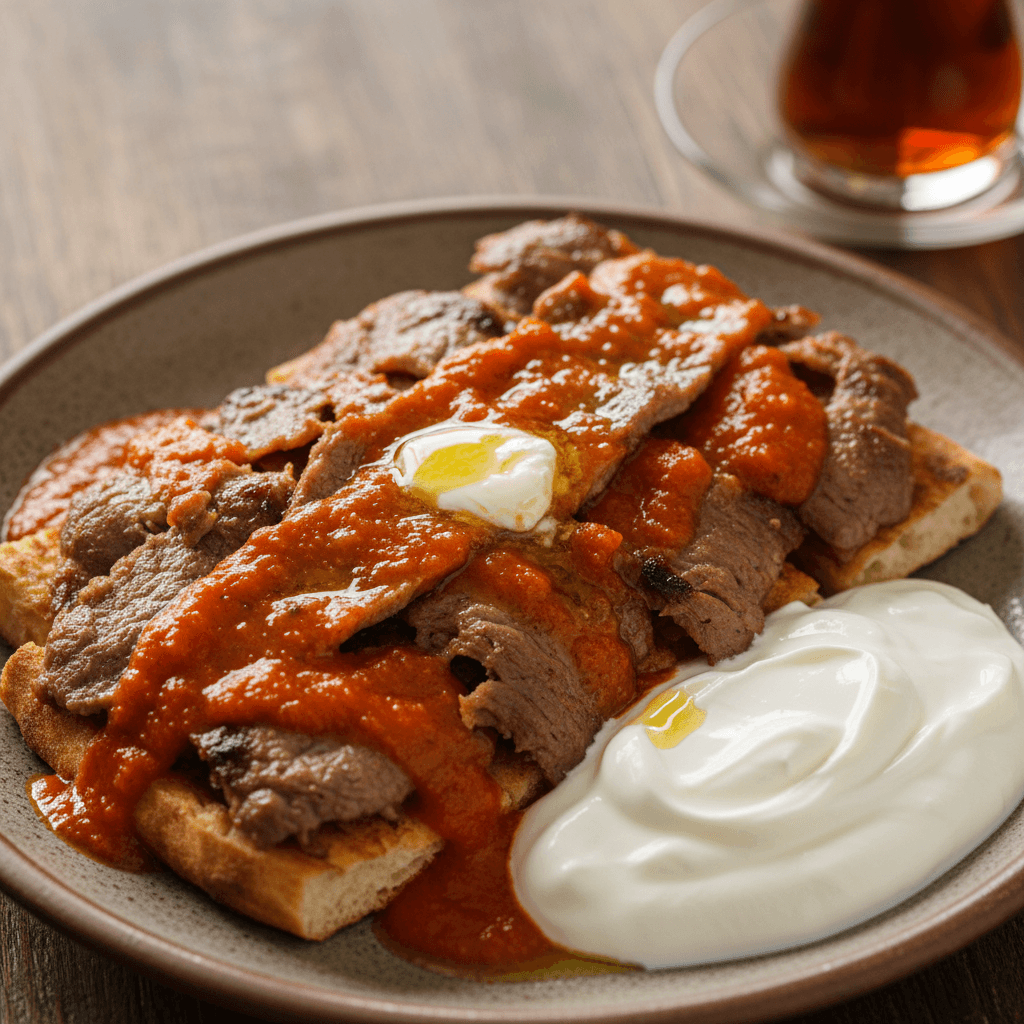 Iskender kebab na chlebie pita polany sosem pomidorowym i masłem