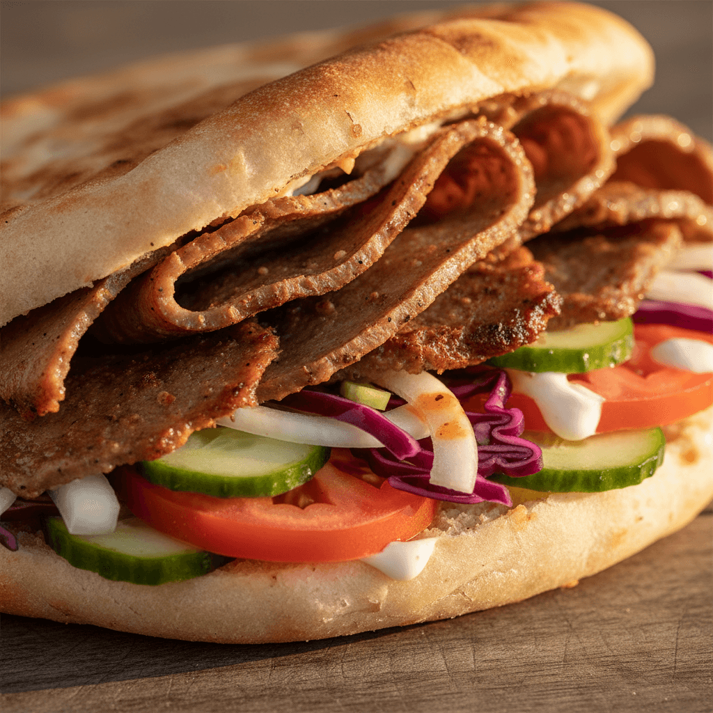 Klasyczny döner kebab z mięsem cielęcym i świeżymi warzywami