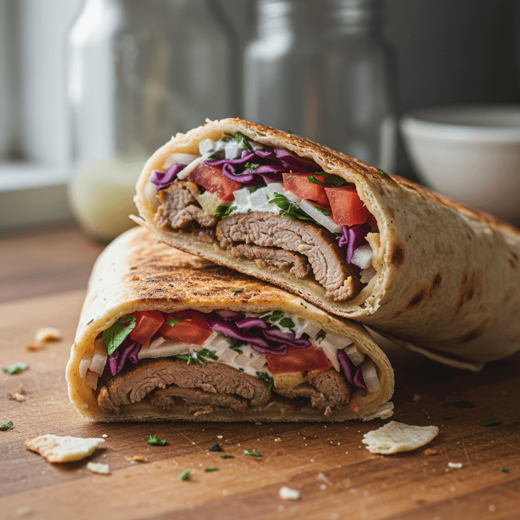Kebab zawinięty w świeży lawasz z warzywami i sosem na drewnianej desce