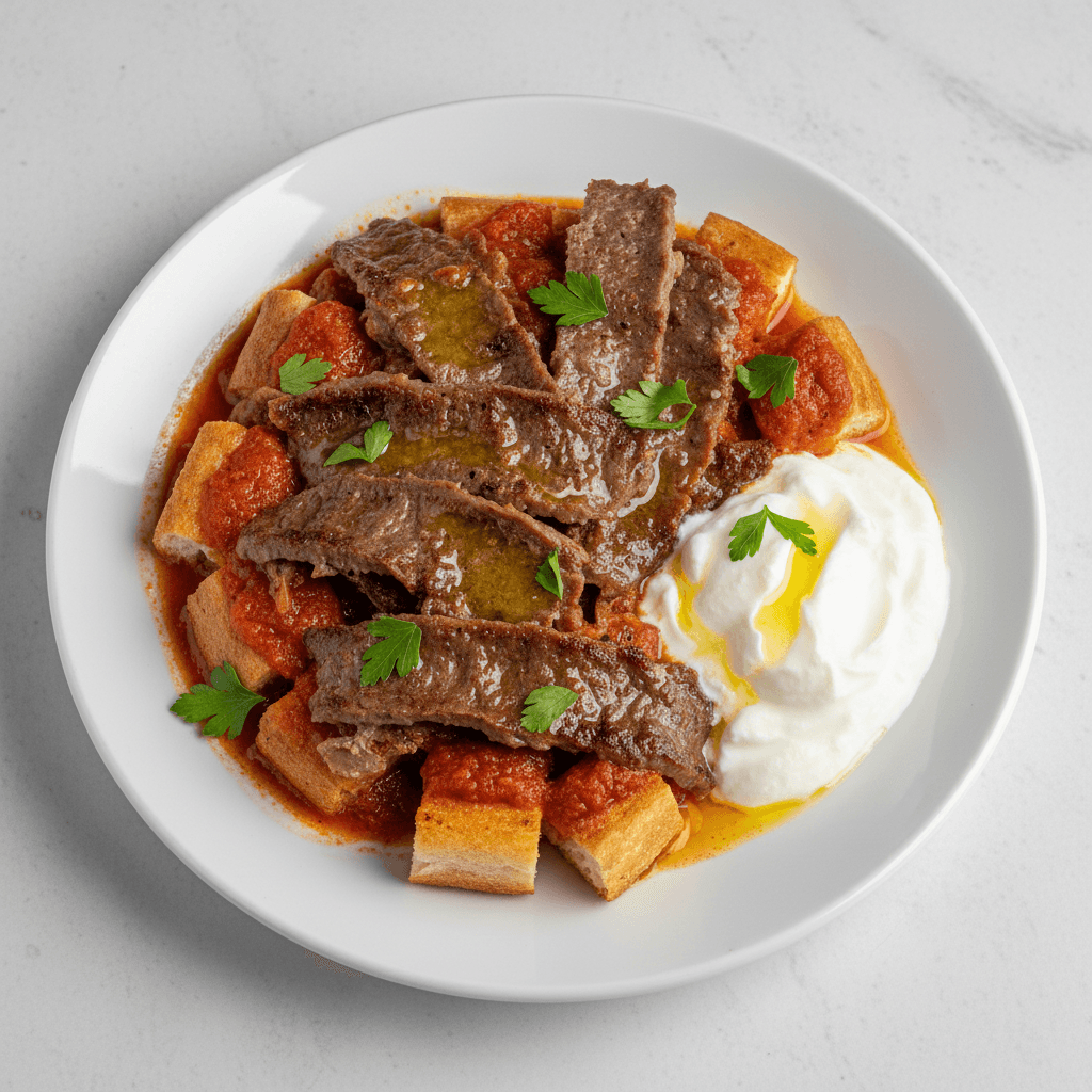 Bogaty talerz z kebabem iskender polany sosem pomidorowym